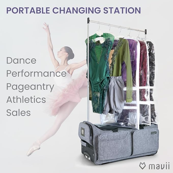 Mavii Dance Bag with Garment Rack - Wheeled 28 Inch Collapsible Travel Bag, Rolling Garment Rack Luggage, Gray - Image 2