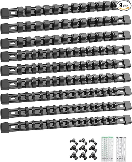 ALOANES 9PC Socket Organizer, Socket Rails Fit 1/2", 1/4" and 3/8" Drive | Heavy Duty ABS Socket Holders Hold up 129 Sockets for Toolbox Drawer Bags(Black) by Aloanes