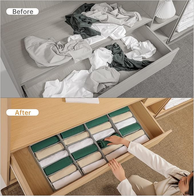 4 Packs T-shirt Drawer Organizers for Clothing,6 Grids Compartment Wardrobe Storage Box, Washable Clothes Organizer for Folded Clothes, T-shirt, Legging, Silk Scarve - Image 2