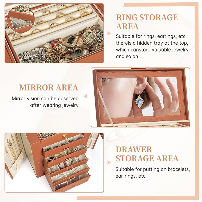 AKOZLIN 6-Tier Jewelry Box Organizer Functional 5 Drawers Leather Jewelry Storage Case for Women Girls Ring Necklace Earring Bracelet Holder Organizer with Mirror Extra Large Orange - Image 6