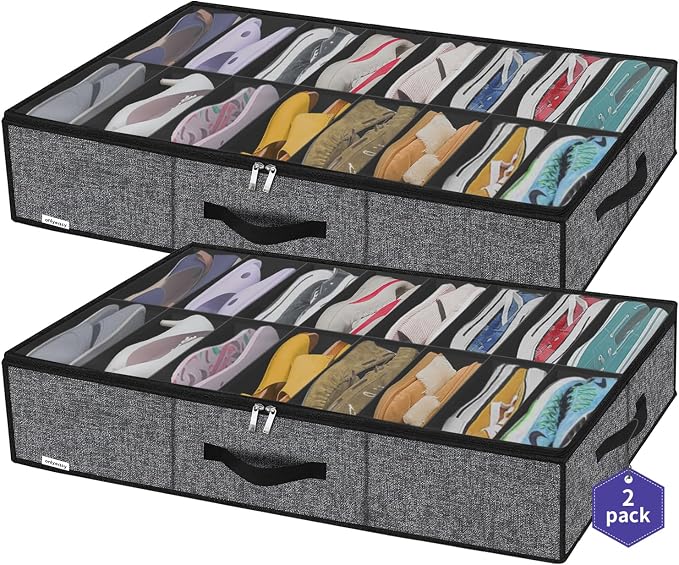 Onlyeasy Sturdy Under Bed Shoe Storage Organizer with Handles and Clear Window Fit 16 to 32 Pairs, Premium Foldable Shoes Container Box for Closet, 37.7x 23.6x 5.9 inch, Cotton-like Black, MXBUBS16P2 by Onlyeasy