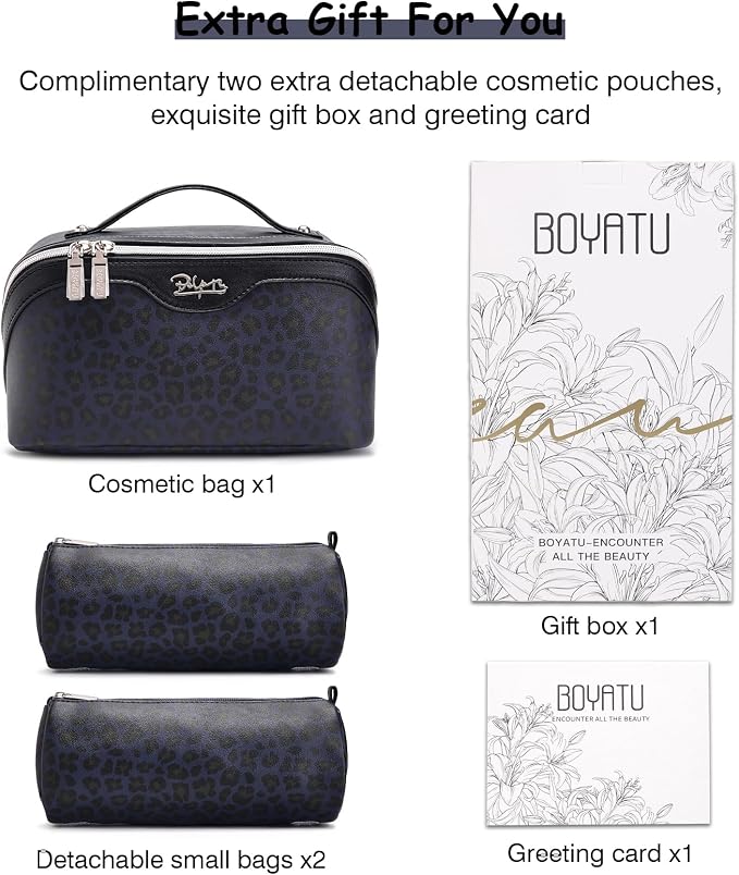 BOYATU Travel Makeup Bags Cosmetic Organizer Bag: 3 Pcs Set Large Capacity Make up Bag with Compartments - Waterproof Leather Toiletry Bags with Handle for Women (B-Blue) - Image 2