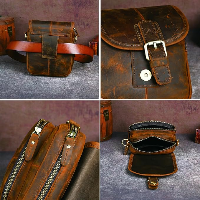 Water Resistant Canvas + Leather Hiking Riding Travel Fanny Waist Pack Small Phone Pouch For Men Women FB811-29 (100% Leather- Coffee) - Image 5