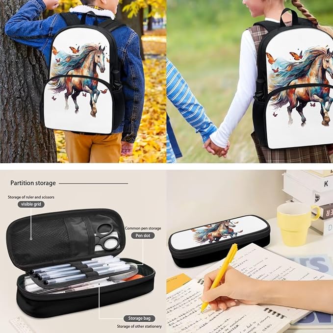 POLERO Butterfly Horse Backpacks Teen Girl Backpack Set 4Pcs Middle School Elementary Bookbags with Lunch Box Pencil Case Water Bottle Sling Bag - Image 4