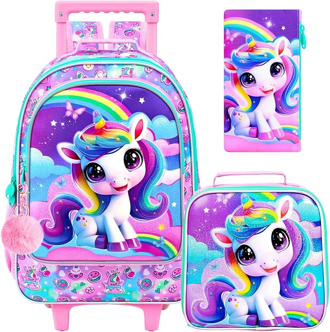 HPJGD 3PCS Unicorn Rolling Backpack for Girls, Kids School Backpacks with Wheels, Water Resistant UV Printed Roller Wheeled Bookbag Set by HPJGD