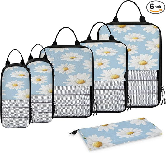 Floral Daisy 6 Set Compression Packing Cubes for Travel Luggage Carry On Suitcase Compressible Expandable Packing Cubes Organizers Bag by BICUUZHI