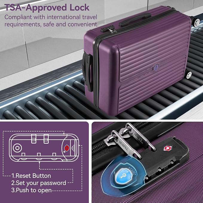 Hoteel 20 Inch Luggage Set 3 Piece, Hardside Carry On Suitcase with TSA Lock and Spinner Wheels, Includes Expandable Duffel Bag and Toiletry Bag, Lightweight ABS+PC, Purple - Image 3