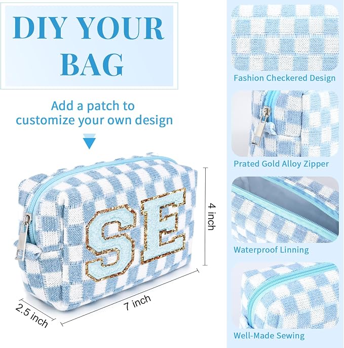 SOIDRAM Checkered Makeup Bag Preppy Cosmetic Bag Bulk Blue Makeup Pouch Personalize Travel Toiletry Bag Organizer Cute DIY Makeup Brushes Storage Bag for Women - Image 3