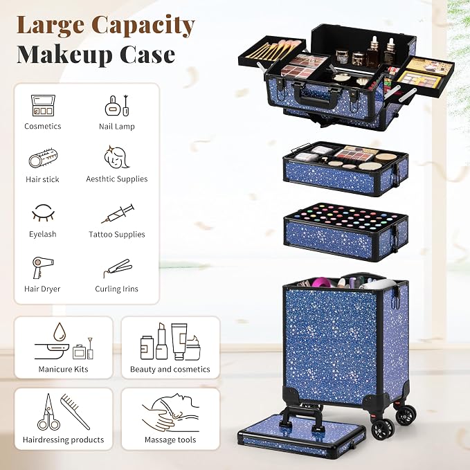 AROUS Rolling Makeup Train Case 5 in 1 Cosmetology Case on Wheels Large Cosmetic Organizer Travel Cart for Hairstylist Artist Nail Beauty Salon Barber,Blue - Image 4