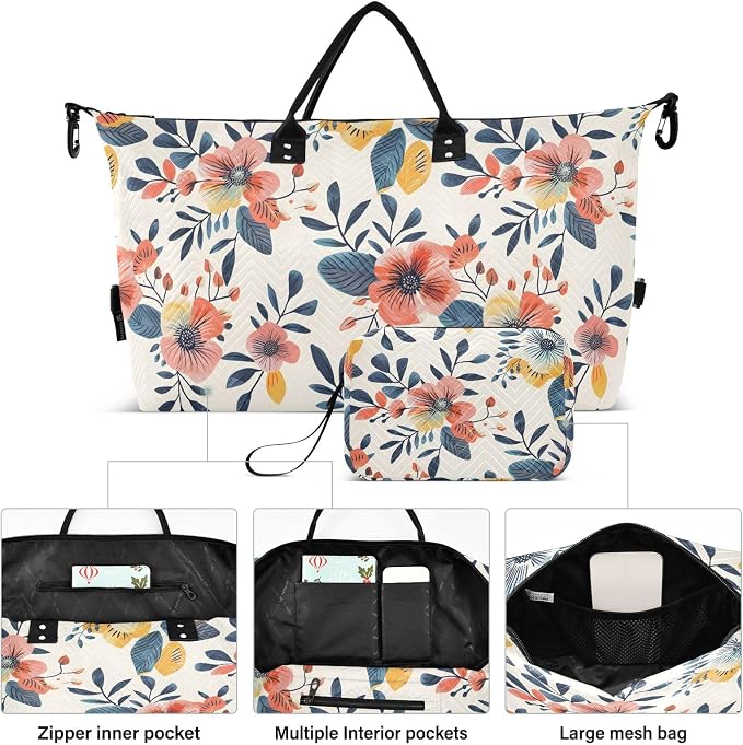 Weekender Bags Travel Duffel Gym Bag Florals Vintage Carry on Overnight Tote Bag with Toiletry Bag for Airplane Travel Trip Gym Yoga - Image 2