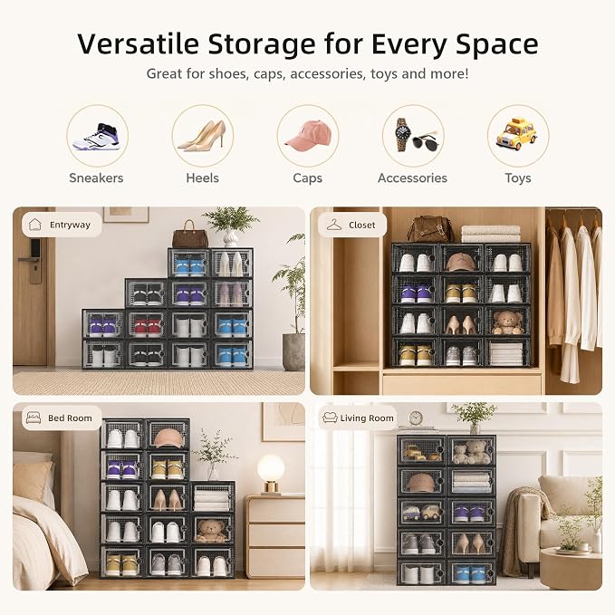 Kuject X-Large Shoe Storage Boxes Organizers Clear Plastic Stackable 12 Pack, Shoe Rack & Holder Substitute, Sneaker Containers, Toy Storage Organizer Bins for Entryway, Closet, Under Bed, Black - Image 6