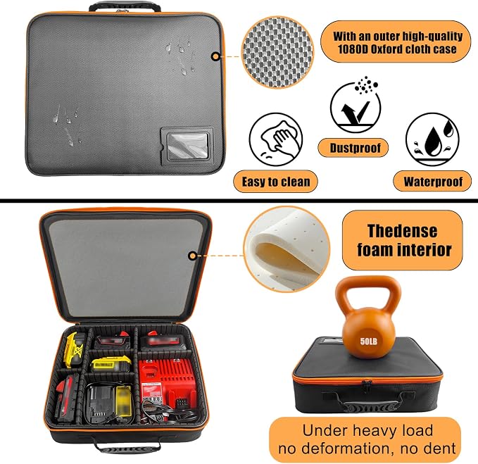 Extra Large Hard Tool Battery Carrying Case fits for Dewalt/Milwaukee/Makita 20V/60V/12V/18VBattery & Charger, Portable Power Tool Box Storage Bag with Adjustable Dividers for Accessories Organizer - Image 4