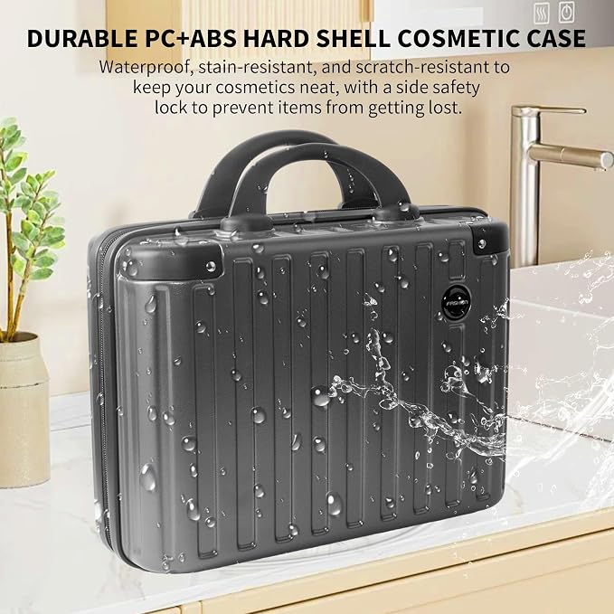 14 Inch Portable Waterproof Hard Shell Travel Makeup Case (Gray) | with Lock, ABS Scratch-Proof, Carrying Cosmetic Organizer Case with Elastic Band, Mini Suitcase Vanity Case for Women Girl - Image 6