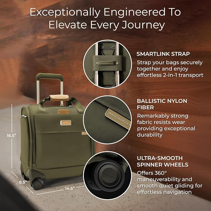 Briggs & Riley Cabin Spinner - Carry On Luggage for Travel, Suitcases with Wheels, Softside Rolling Bag for Men & Women, Fits Under Plane Seat, Interlocking Handle - Baseline Collection, Olive - Image 2