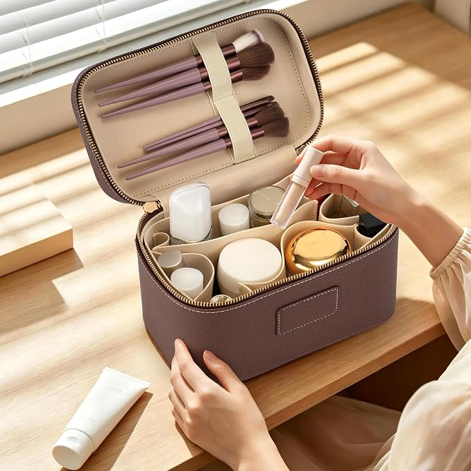 Makeup Bag Travel Toiletry Leather Cosmetic Case, Waterproof Makeup Organizer with Brush Holder, Wipe Clean Removable Divider Vanity Train Bag for Women, Brown Coffe - Image 6