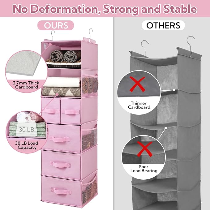 GRANNY SAYS Hanging Closet Organizers and Storage, 6 Shelves Closet Hanging Organizer with 6 Side Pockets, 5 Drawer Storage Organizer, Portable Hanging Shelves for Baby Closet, Pink Shelf - Image 6
