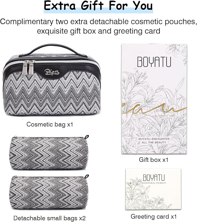 BOYATU Travel Makeup Bag for Women: Western Boho Make up Bag Set of 3 - Large Capacity Vegan Leather Cosmetic Bag - Waterproof Toiletry Bag with Compartments & Handle & Divider(J-3-Black) - Image 6