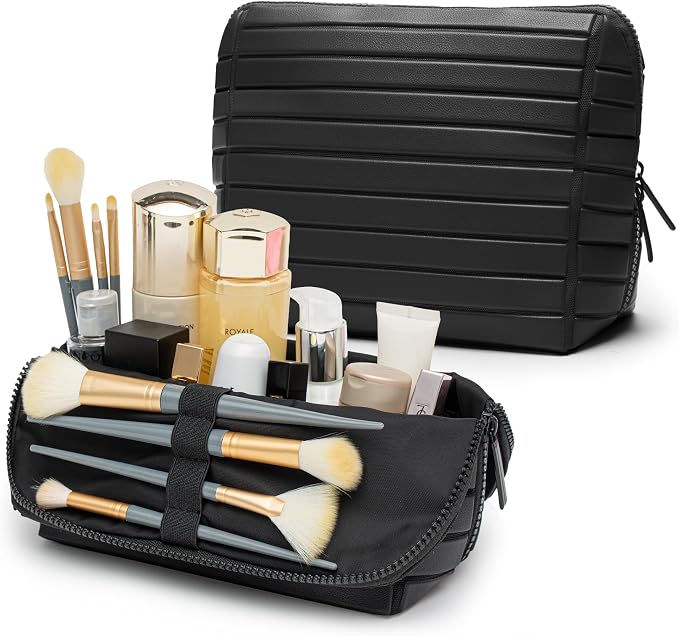 Minoisome Travel Makeup Bag,PU leather toiletry bag,make up organizer case for women,Large Capacity Cosmetic Bag,Wide-open Pouch Purse，Toiletries Accessories，Fold-Down Design and Adjustable Dividers. by Unknown