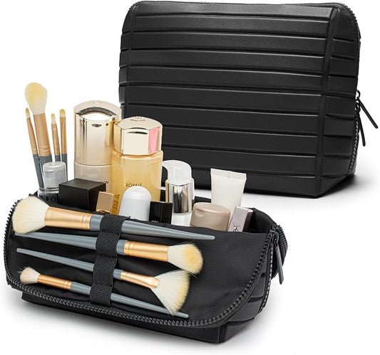 Minoisome Travel Makeup Bag,PU leather toiletry bag,make up organizer case for women,Large Capacity Cosmetic Bag,Wide-open Pouch Purse，Toiletries Accessories，Fold-Down Design and Adjustable Dividers. by Unknown