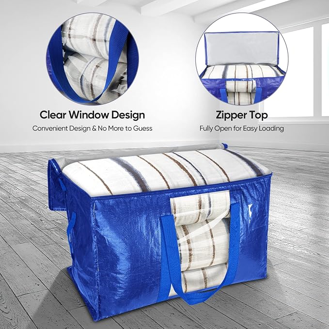 BALEINE 6-Pack Oversized Moving Bags with Reinforced Handles, Heavy-Duty Storage Tote Moving Supplies for Packaging, Camping (Blue w/Window, 6-Pack) - Image 5