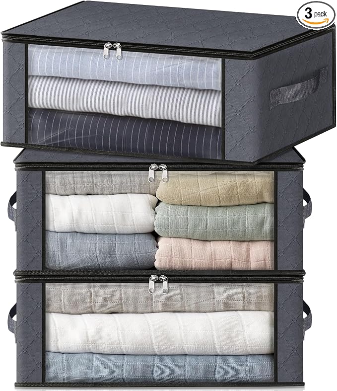 HomeHacks Storage 3-Pack Clothes Organizer Storage Bags Foldable Storage Box with Large Clear Window Sturdy Handles for Closet, Dorm, Pillows, Bedding, Clothes, Blankets, 35L, Gray by HomeHacks