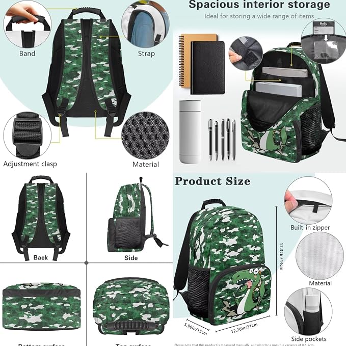 Dinosaur Backpack for Kids 5-7 Years Kindergarten Elementary Scgiik Bookbag Satchel Backpack with Insulated Lunch Bag and Pencil Case Water Bottle Holder - Image 4