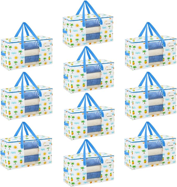 VENO 10 Pack Heavy Duty Moving Bags, Clothes and Comforter Storage Bags with Clear Window, College Dorm Essentials Packing Supplies, Foldable Boxes Alternative (Tropical Island, 10 Pack) by Veno