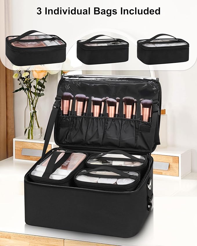 Relavel Makeup Bag Large Makeup Case Professional Cosmetic Storage Organizer Box Brush Holder with 3 Clear Set Bags for Makeup Artists with Shoulder Strap & Adjustable Dividers - Image 3