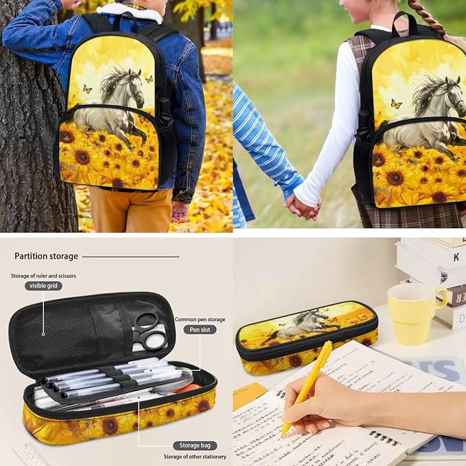 POLERO Sunflower Horse Backpack with Lunch Box for Girls Kids Pencil Case Water Bottle Holder School Bag Set for First Grade - Image 5
