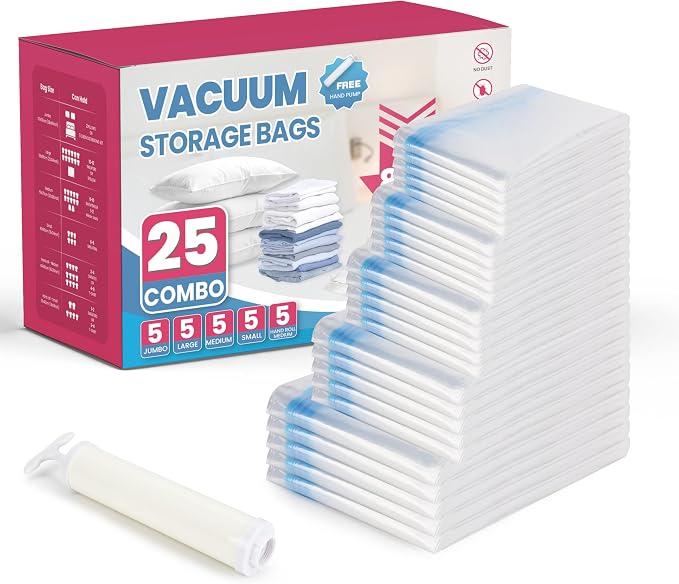 InfiniPower Vacuum Storage Bags 25 Pack, Space Saver Bags with Hand Pump, Vacuum Seal Bags for Clothing Travel, Comforters, Blankets, Bedding, Pillows (5 Jumbo/5 Large/5 Medium/5 Small/5 Roll M) by InfiniPower