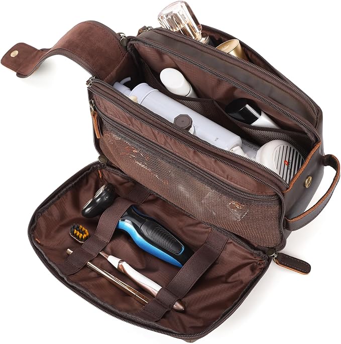 Polare Full Grain Leather Toiletry Bag for Men Large Travel Cosmetic Case Dopp Kit Shaving Kit Wash Pouch with YKK Zippers - Image 4