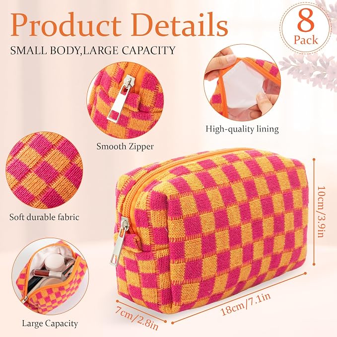 Gilprop 8 Pcs Checkered Makeup Bag for Purse Small Cosmetic Pouch Bulk Portable Zipper Makeup Pouch Travel Toiletry Organizer Gifts for Women Bridesmaid Wedding Party Favors (Red Orange) - Image 2
