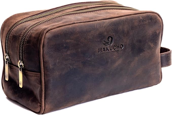 Full Grain Leather Toiletry Bag for Men & Women Travel Pouch, Travel Shaving Kit Organizer with YKK Zipper, Spacious Bathroom Grooming & Cosmetic Storage Case - Waterproof Lining (Dark Brown) by HAKUCHO