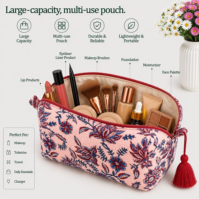 Huar Travel Makeup Bag- Large Capacity Cosmetic Bags for Women - Water Resistance Lining Portable Pouch & Open Toiletry Bag - Perfect Girls Makeup Organizer for Travel Essentials (Velvet Rose) - Image 2