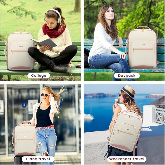LOVEVOOK 40L Large Travel Backpack for Women Men, 17 Inch Carry on Backpack for Traveling on Airplane, Personal Item Travel Bag Airline Approved, Business Causal Weekender Backpack, Beige-Pink - Image 8