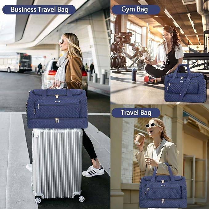 Wogarl 3PCS Weekender Bags for Women Large Overnight Bag Weekend Travel Duffel Bag Carry on Shoulder with Shoe Compartment Canvas Toiletry Bag for Travel Business Gym,Dark Blue - Image 6