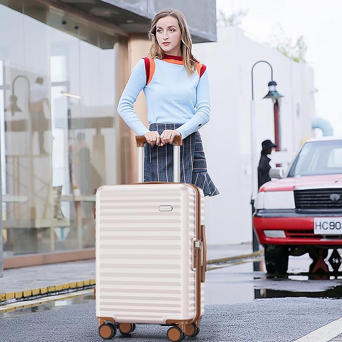 SHOWKOO Carry On Luggage Hardshell Lightweight Luggage Set, Suitcase with Double Spinner Wheels Tsa Lock White 3 piece set Beige White (DB/TB/20in) - Image 2