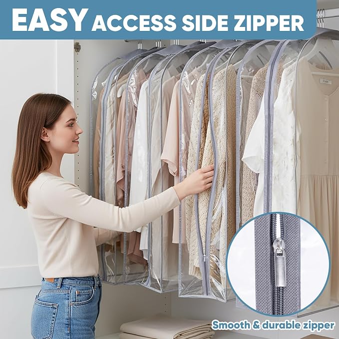 BALEINE 60'' Clear Garment Bags, 10.5'' Wide PEVA Suit Bag for Closet Clothes Dresses Suit Coats Storage (Clear, 6PK) - Image 5