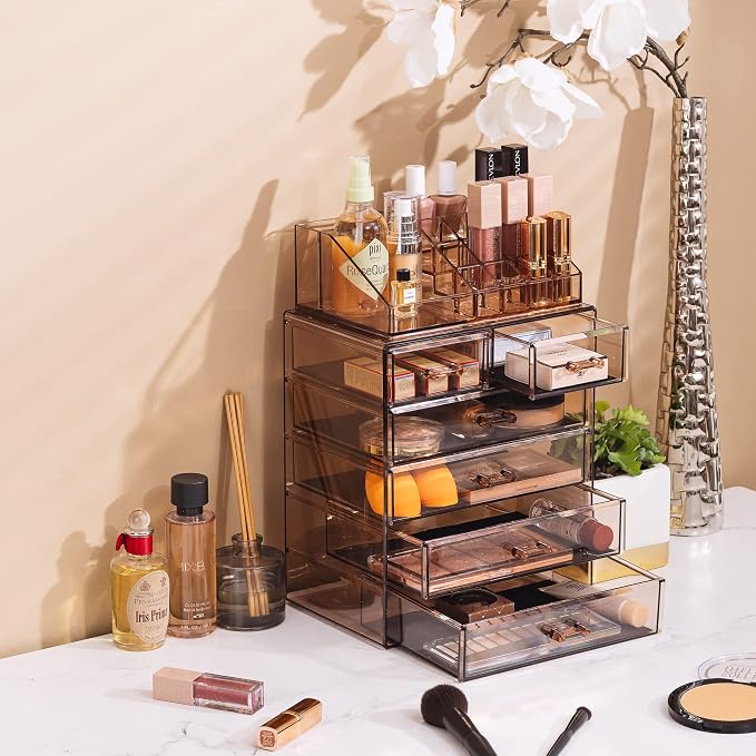 Sorbus Acrylic Makeup Organizer Set, 6-Drawer Vanity & Countertop Cosmetic Storage with Small & Wide Compartments, Bronze Glow Makeup Storage for Brushes, Jewelry – Holiday Gift for Women & Teens - Image 5
