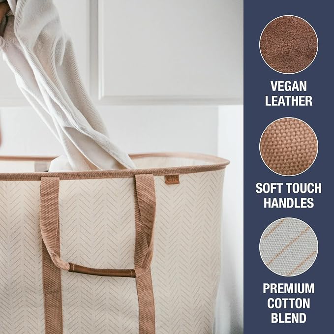 CleverMade LUXE Collapsible Laundry Caddy, 64L, 2 Pack, Cream Herringbone | Refined fabric and vegan leather details suit open rooms. The structured frame carries 2 loads and folds flat for storage. - Image 7