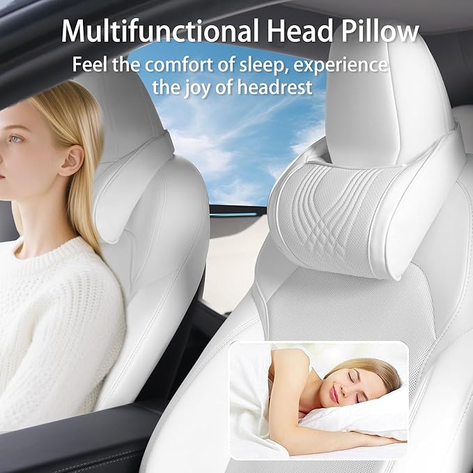Car Headrest Memory Foam Neck Pillow for Driving White, 2 Packs | Soft Comfortable Leather Seat Head Rest Pillow Headrest Travel Neck Support Cushion for Most Cars SUV Home Office Chair - Image 6