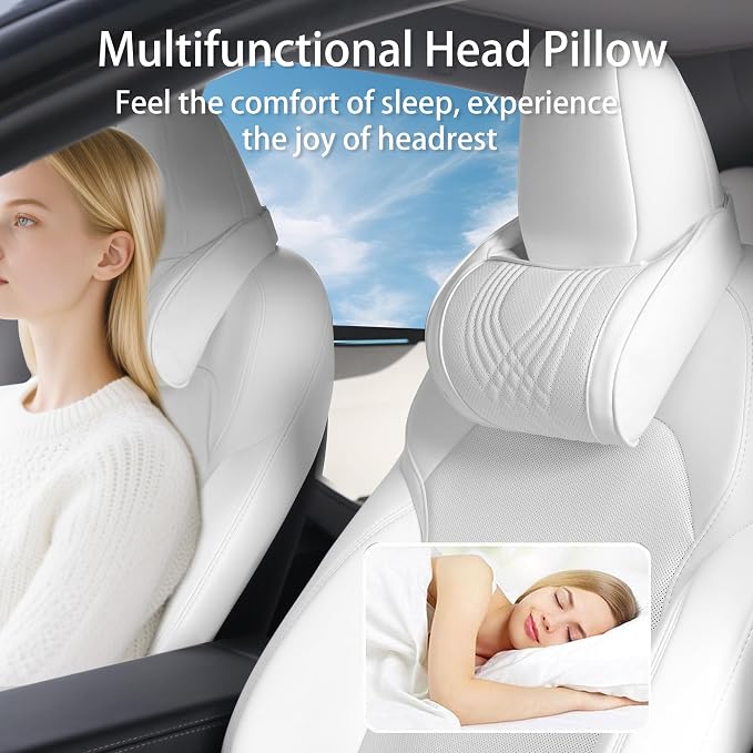 Car Headrest Memory Foam Neck Pillow for Driving White, 2 Packs | Soft Comfortable Leather Seat Head Rest Pillow Headrest Travel Neck Support Cushion for Most Cars SUV Home Office Chair - Image 6