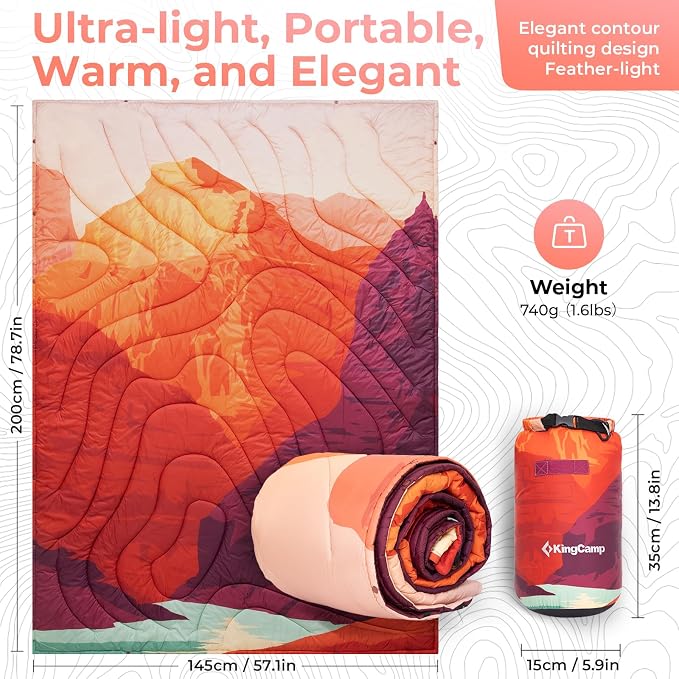 KingCamp Ultralight Camping Blanket, Packable Down Alternative Puffy Printed Wearable Blanket with Snap Buttons & Corner Loops Weatherproof Quilt for Outdoor Travel Stadium (78.7"L x 57.1"W, ORANGE) - Image 7