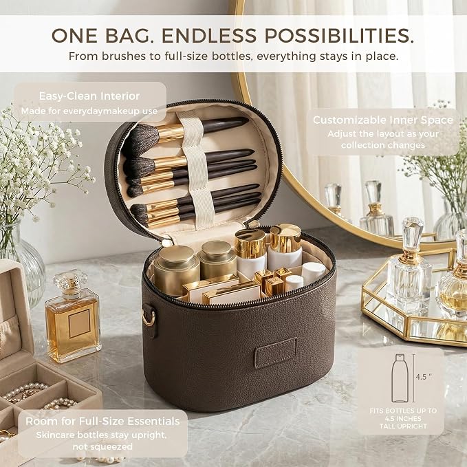 BAGOK Leather Vanity Case Makeup Bag with Removable Divider, Washable Compartments, Dual Zipper & Carry Handle – Travel Toiletry Organizer for Women - Image 3