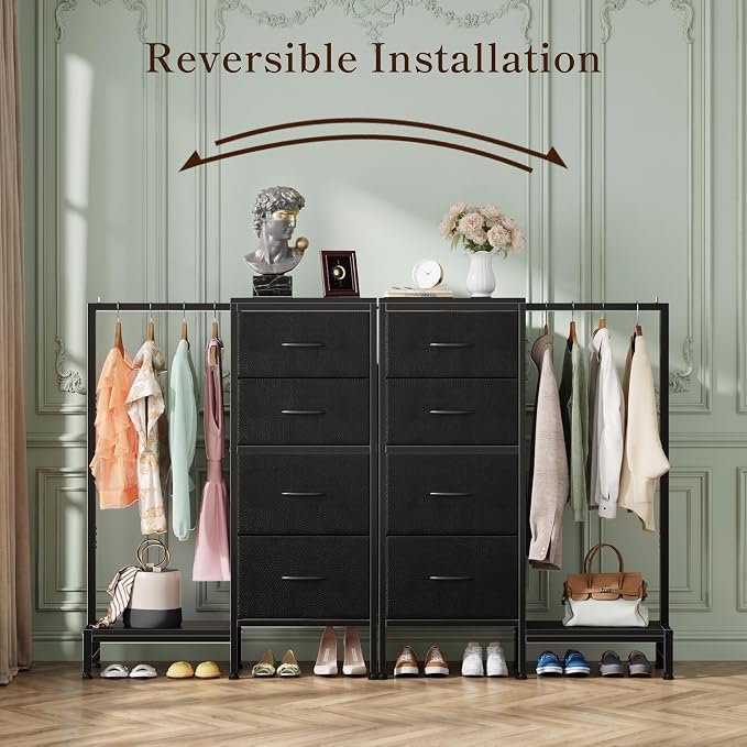 HIGDBFE Tall Dresser 44''H with Hanging Rack, 4 Drawers Small Closet Dresser for Bedroom, Reversible Fabric Chest of Drawers with Clothes Rack, Tall Storage Tower, Sturdy Frame, Black - Image 9