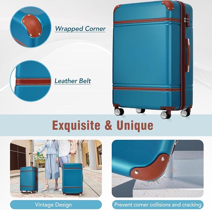 Merax Luggage Set, 2 Piece Luggage with Cosmetic Case, Vintage Hardcase Suitcase with Wheels, Expandable Luggage Airline Approved(Blue,20"+24") - Image 5
