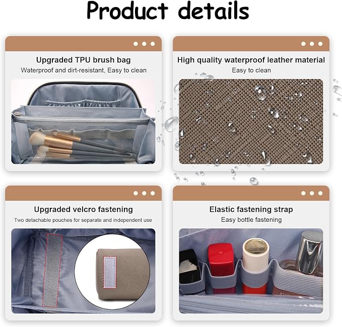 BOYATU Travel Makeup Bag Organizer Cosmetic Bag: 3 Pcs Set Make up Bags for Women with Handle - Waterproof Vegan Leather Toiletry Bags Travel Essentials Pouch with Compartments (A-02-Grey) - Image 4