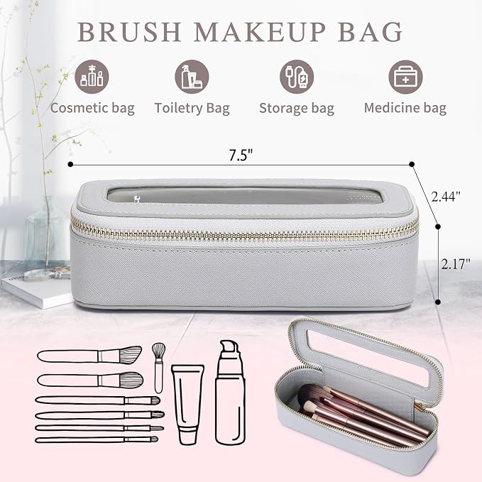 Clear Travel Makeup Bag with Brush Case Portable Transparent Cosmetic Bag and Toiletry Bag Waterproof Makeup Organizer with Zipper Car Essential for Women (Gray, M+Slim) - Image 2