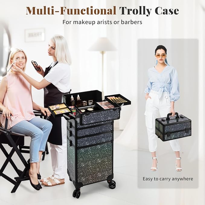 AROUS Rolling Makeup Train Case 5 in 1 Cosmetology Case on Wheels Large Cosmetic Organizer Travel Cart for Hairstylist Artist Nail Beauty Salon Barber,Black - Image 7