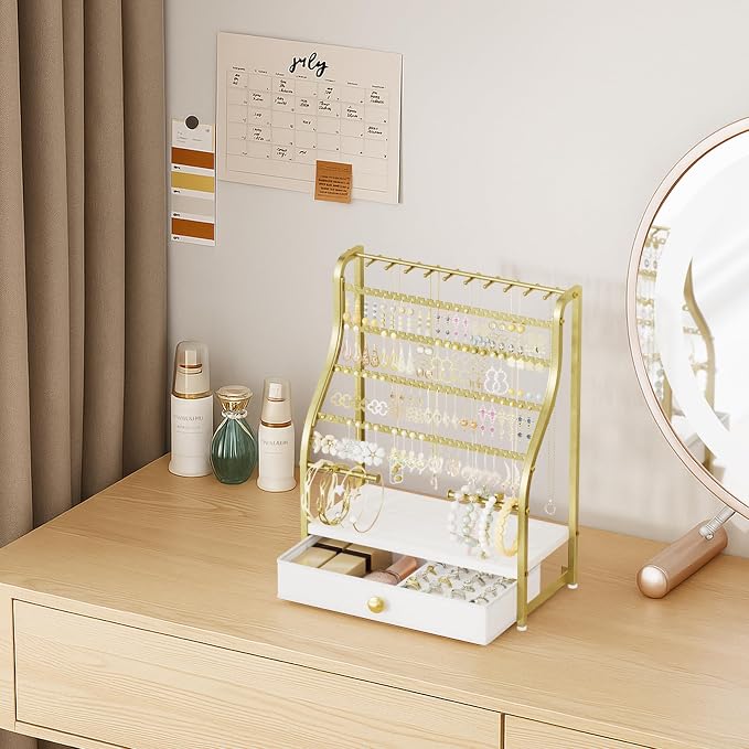SWTYMIKI Earring Holder Organizer - Jewelry Organizer Stand with Necklace Hooks, Watch Rods, Nonwoven Drawer, Large Capacity Jewelry Display for Stud Earring Bracelet Necklace Ring, Gold - Image 5